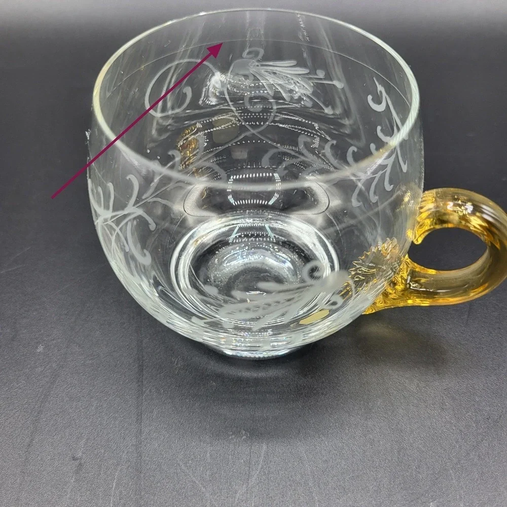 Vintage MCM Glass Etched Tea Cup Amber Handle Vintage Clear 3